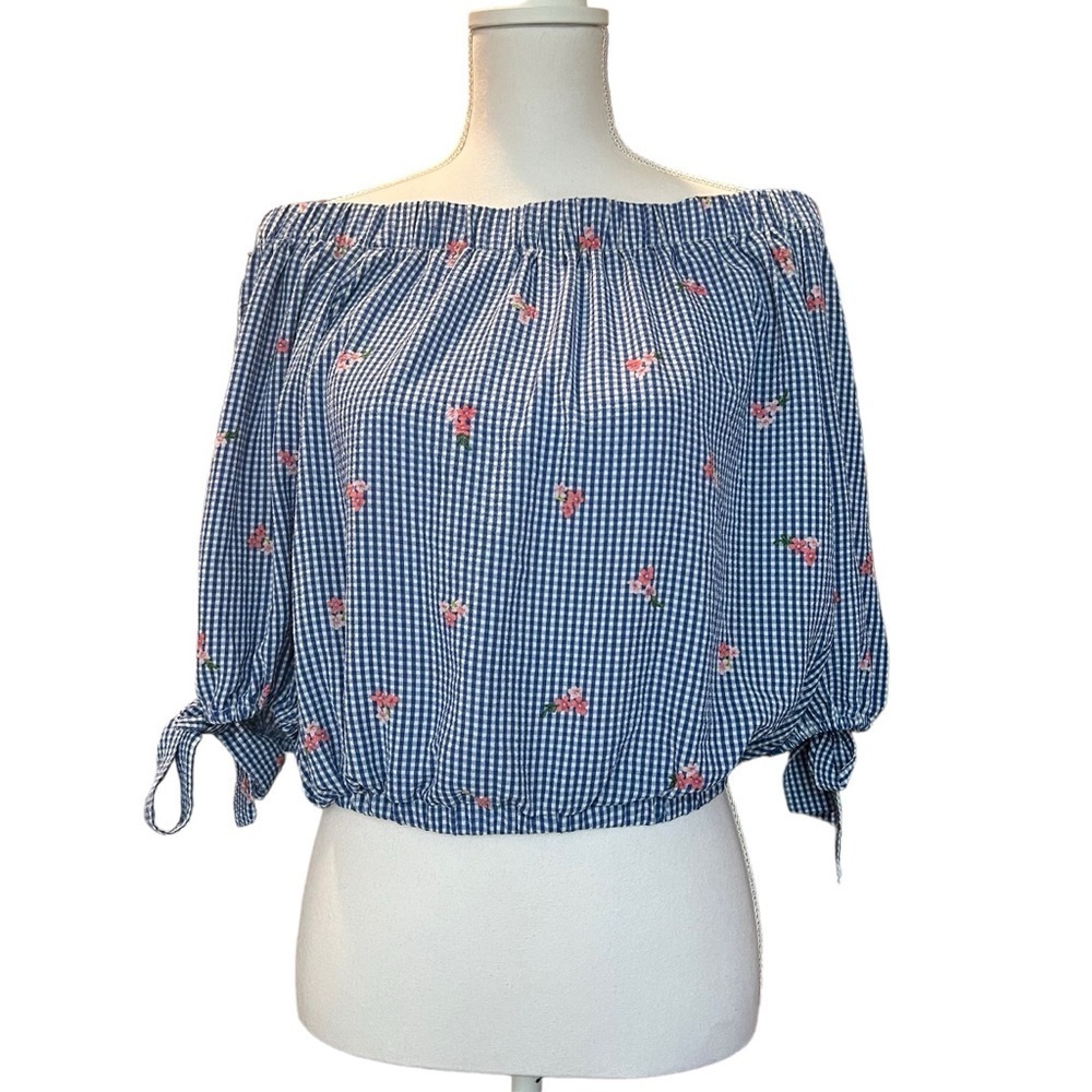 Tempted Los Angeles‎ Blue & White Gingham Top with Embroidered Flowers Size XL